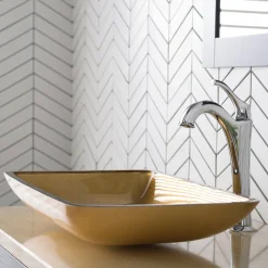 KRAUS 22-Inch Rectangular Gold Glass Bathroom Vessel Sink and Arlo Faucet Combo Set with Pop-Up Drain