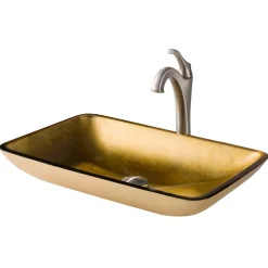 KRAUS 22-Inch Rectangular Gold Glass Bathroom Vessel Sink and Arlo Faucet Combo Set with Pop-Up Drain