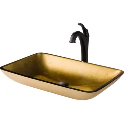 KRAUS 22-Inch Rectangular Gold Glass Bathroom Vessel Sink and Arlo Faucet Combo Set with Pop-Up Drain