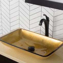 KRAUS 22-Inch Rectangular Gold Glass Bathroom Vessel Sink and Arlo Faucet Combo Set with Pop-Up Drain