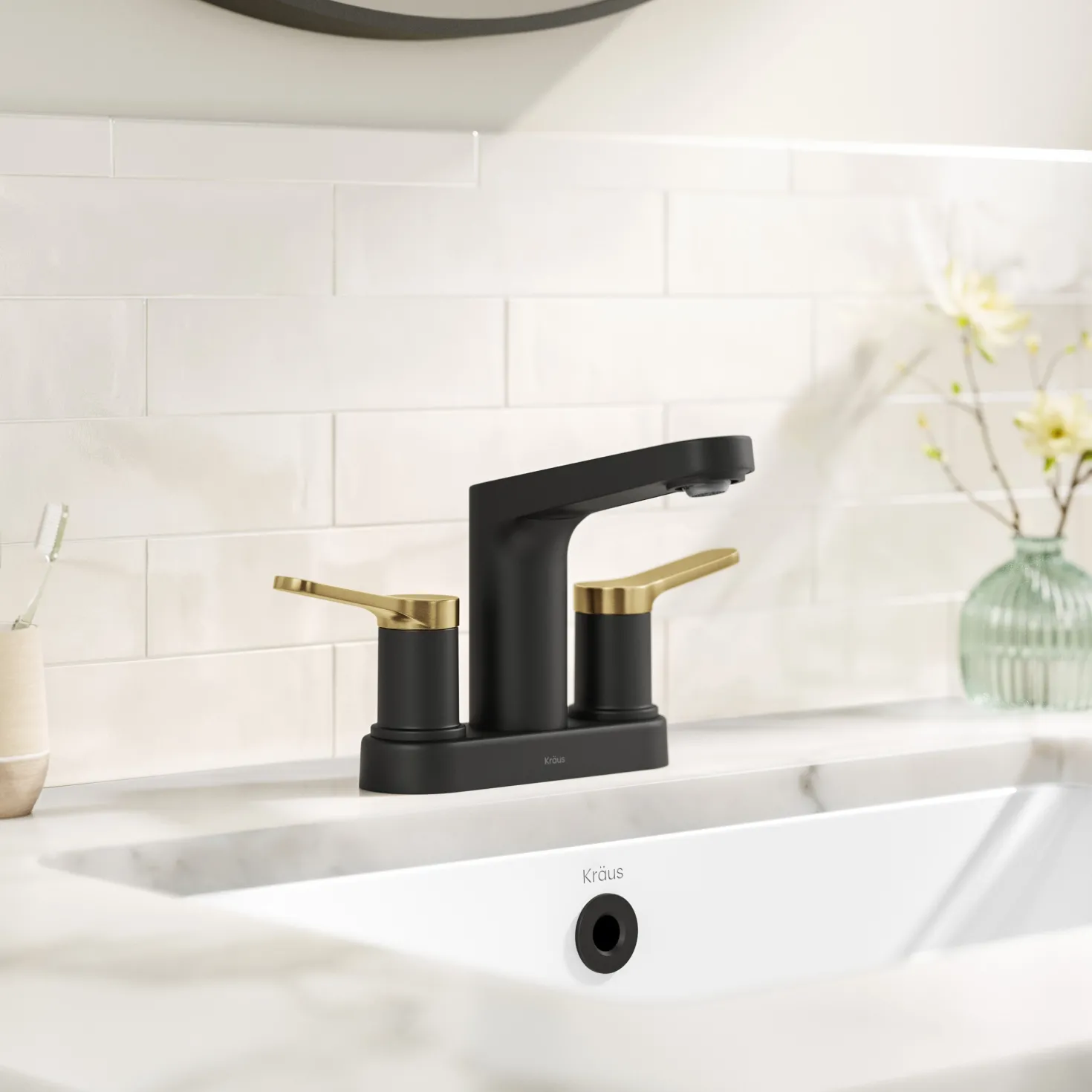 KRAUS Indy 2-Handle 4-inch Centerset Bathroom Faucet in Matte Black with Brushed Brass