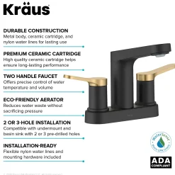 KRAUS Indy 2-Handle 4-inch Centerset Bathroom Faucet in Matte Black with Brushed Brass