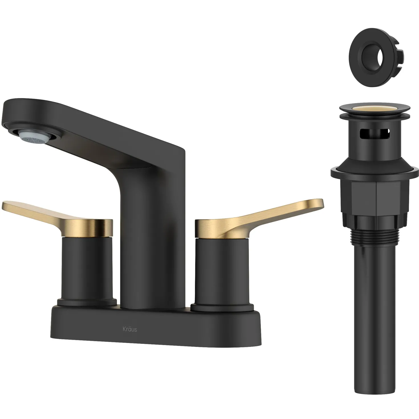 KRAUS Indy 2-Handle 4-inch Centerset Bathroom Faucet in Matte Black with Brushed Brass