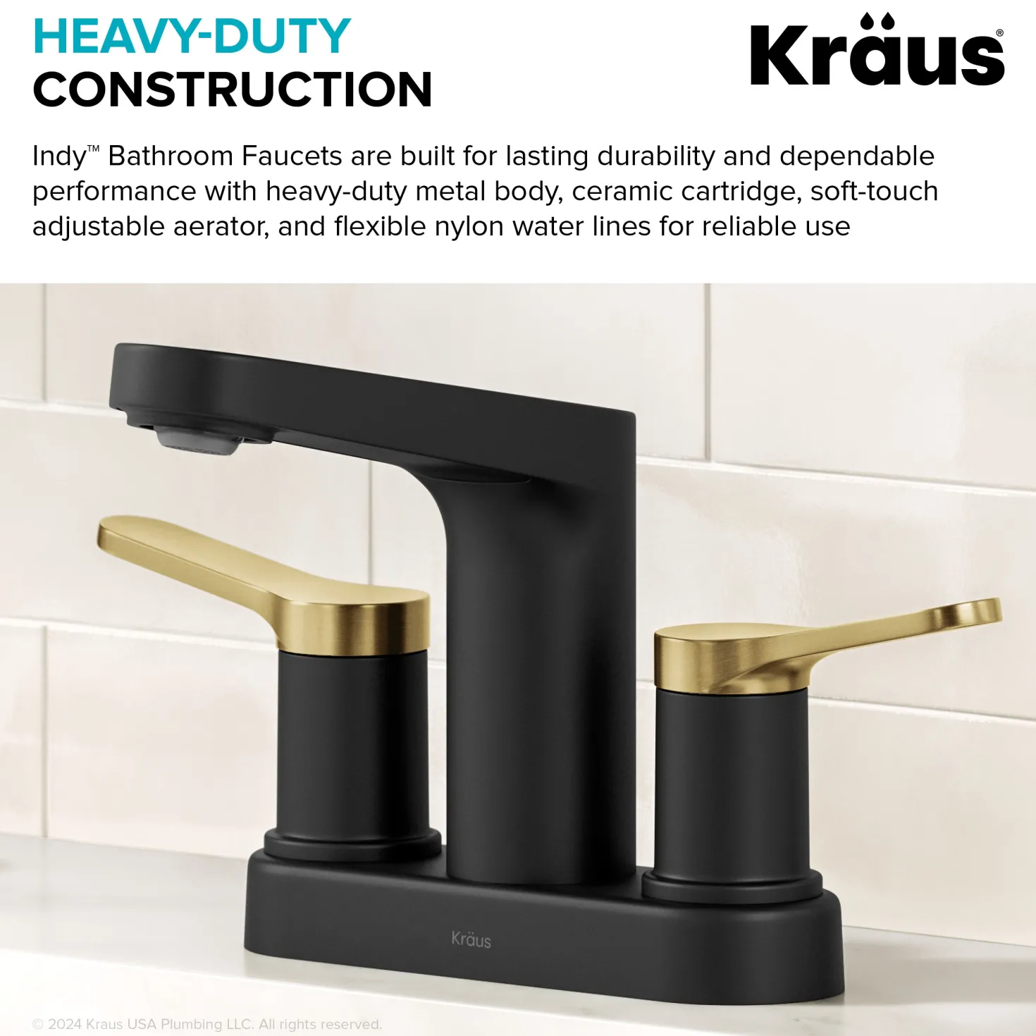 KRAUS Indy 2-Handle 4-inch Centerset Bathroom Faucet in Matte Black with Brushed Brass