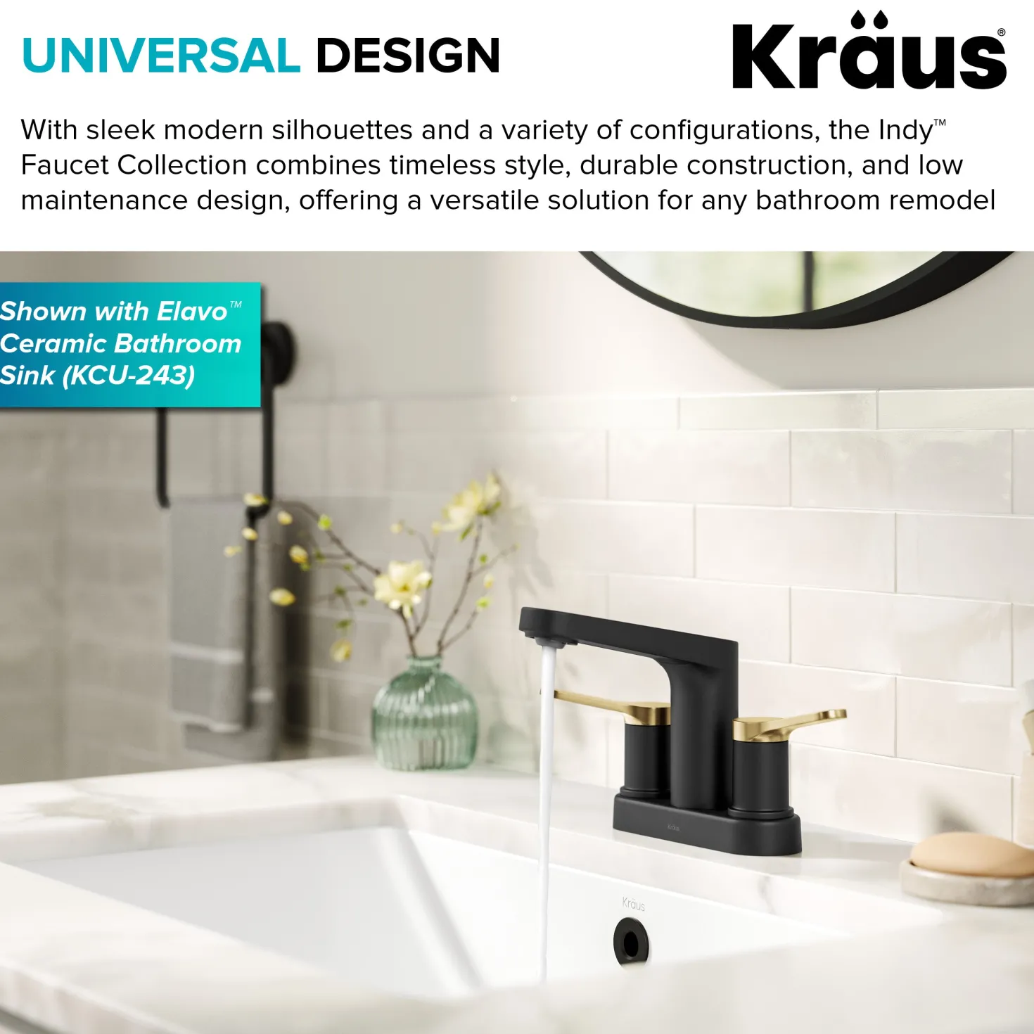 KRAUS Indy 2-Handle 4-inch Centerset Bathroom Faucet in Matte Black with Brushed Brass