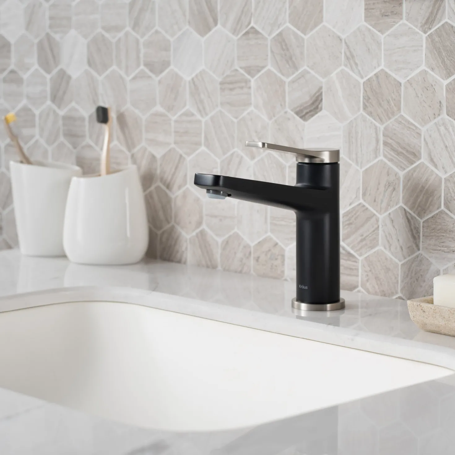 KRAUS Indy Single Handle Bathroom Faucet in Spot Free Stainless Steel/Matte Black