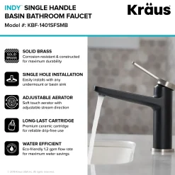 KRAUS Indy Single Handle Bathroom Faucet in Spot Free Stainless Steel/Matte Black