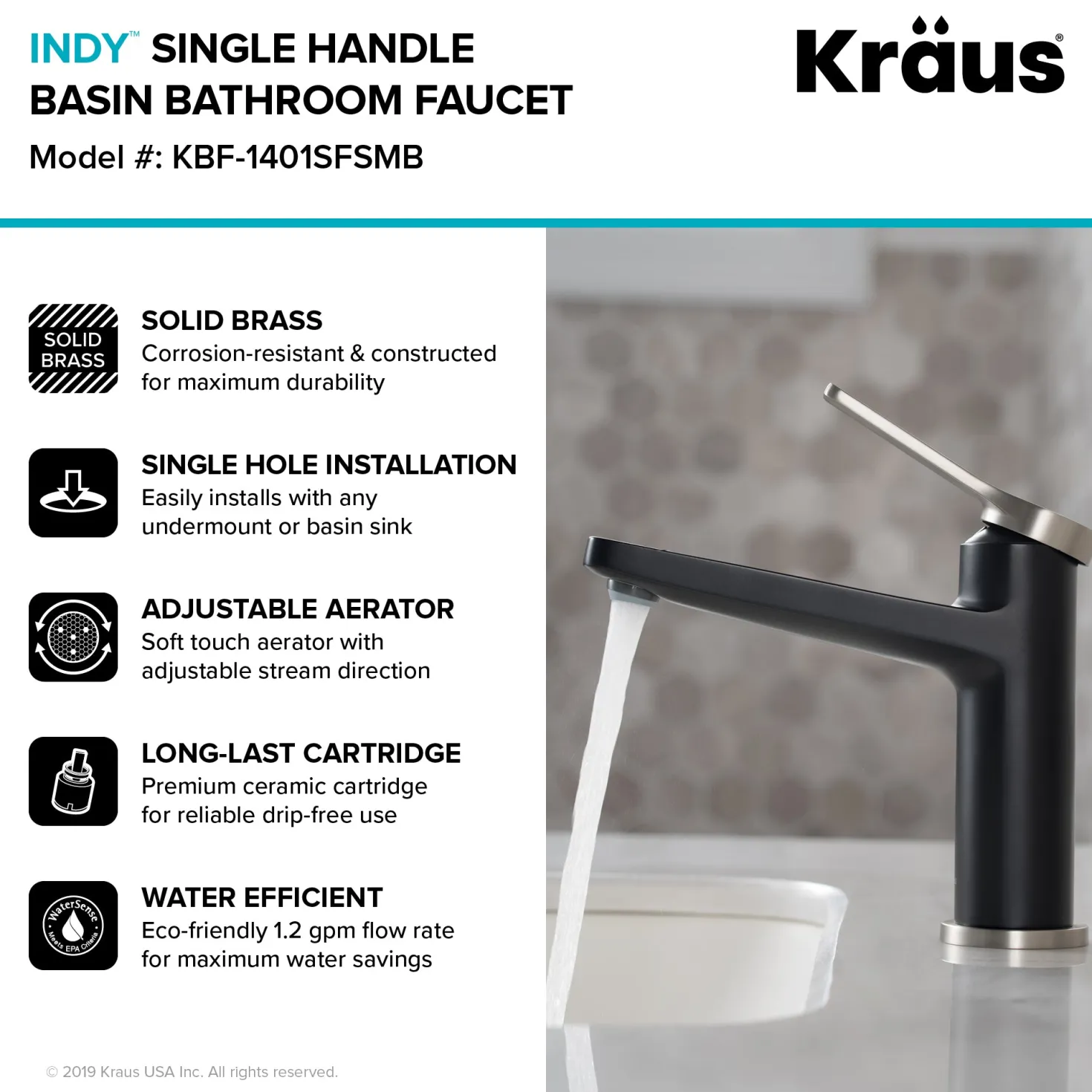 KRAUS Indy Single Handle Bathroom Faucet in Spot Free Stainless Steel/Matte Black