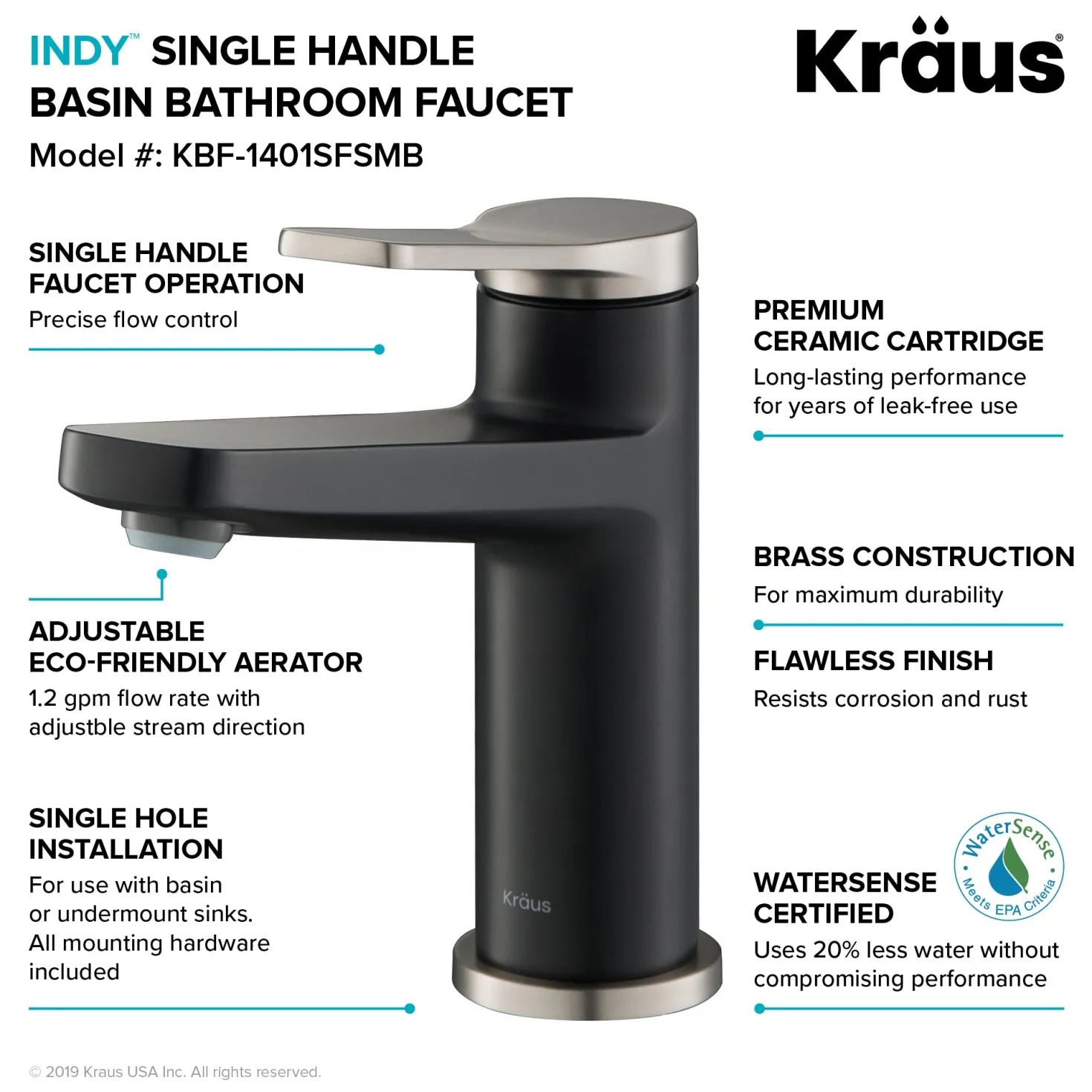 KRAUS Indy Single Handle Bathroom Faucet in Spot Free Stainless Steel/Matte Black