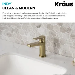 KRAUS Indy Single Handle Bathroom Faucet with Matching Pop-Up Drain in Brushed Gold