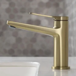 KRAUS Indy Single Handle Bathroom Faucet with Matching Pop-Up Drain in Brushed Gold