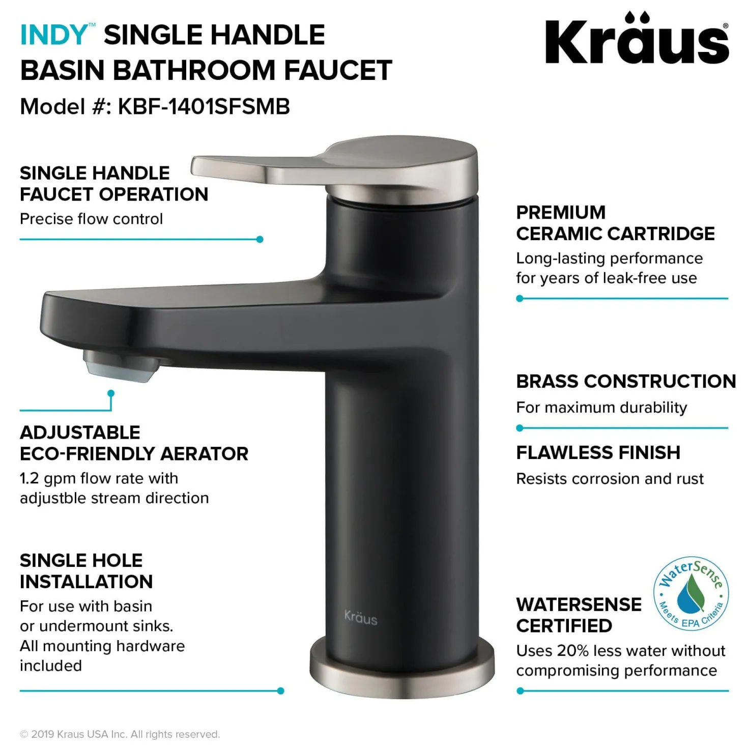 KRAUS Indy Single Handle Bathroom Faucet with Matching Pop-Up Drain in Spot Free Stainless Steel/Matte Black/Satin Nickel