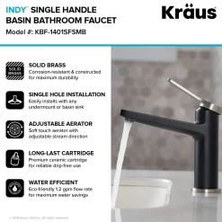 KRAUS Indy Single Handle Bathroom Faucet with Matching Pop-Up Drain in Spot Free Stainless Steel/Matte Black/Satin Nickel