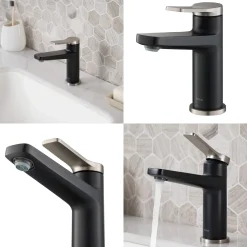 KRAUS Indy Single Handle Bathroom Faucet with Matching Pop-Up Drain in Spot Free Stainless Steel/Matte Black/Satin Nickel