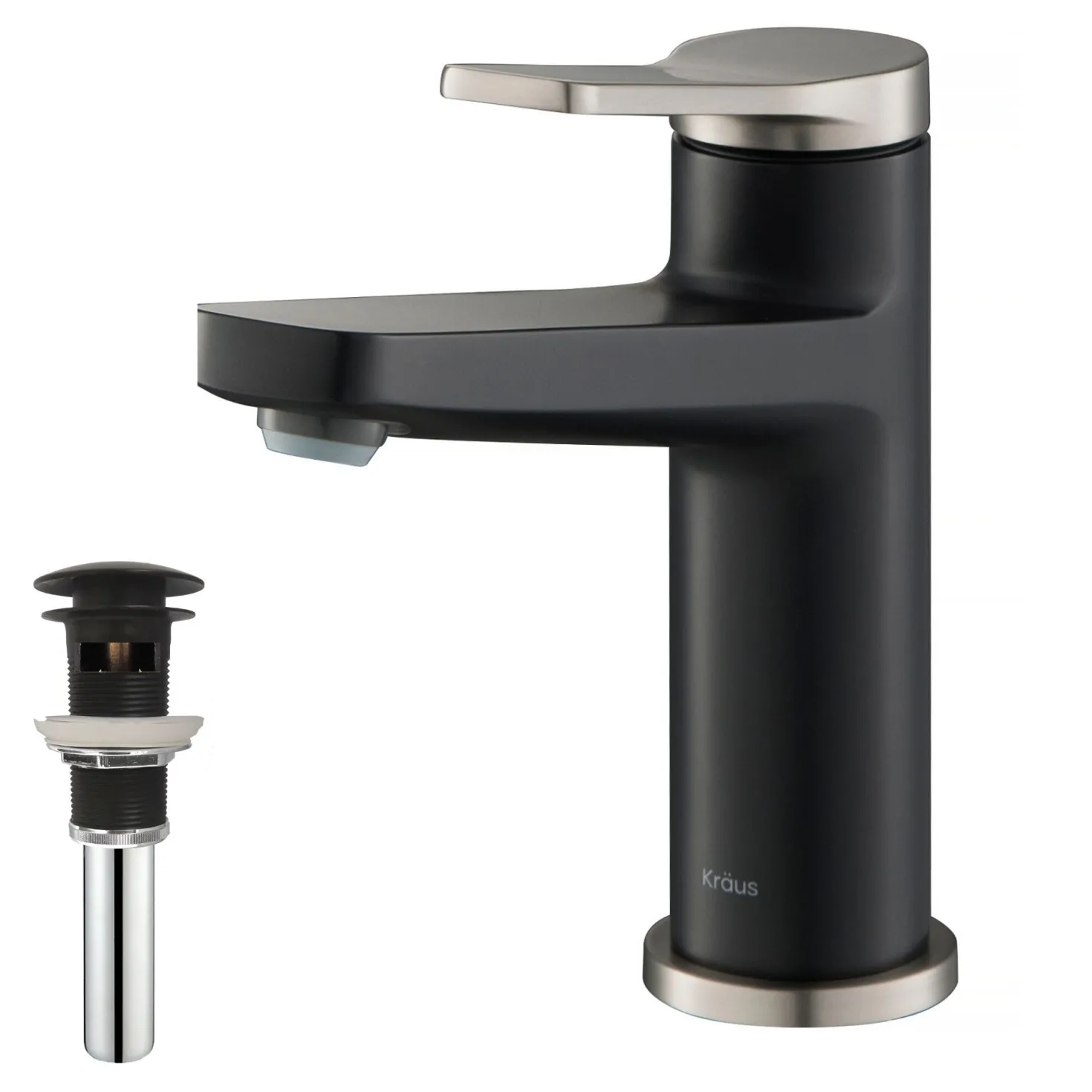 KRAUS Indy Single Handle Bathroom Faucet with Matching Pop-Up Drain in Spot Free Stainless Steel/Matte Black/Matte Black
