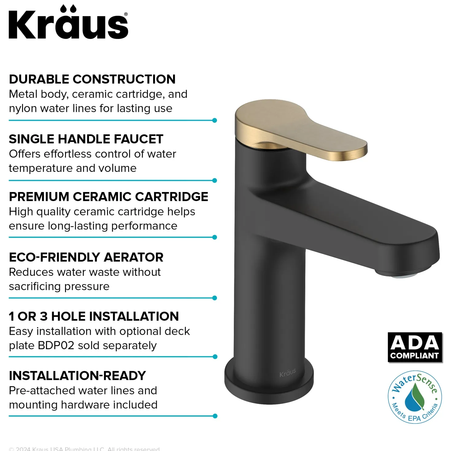 KRAUS Indy Single Handle Bathroom Faucet in Matte Black with Brushed Brass