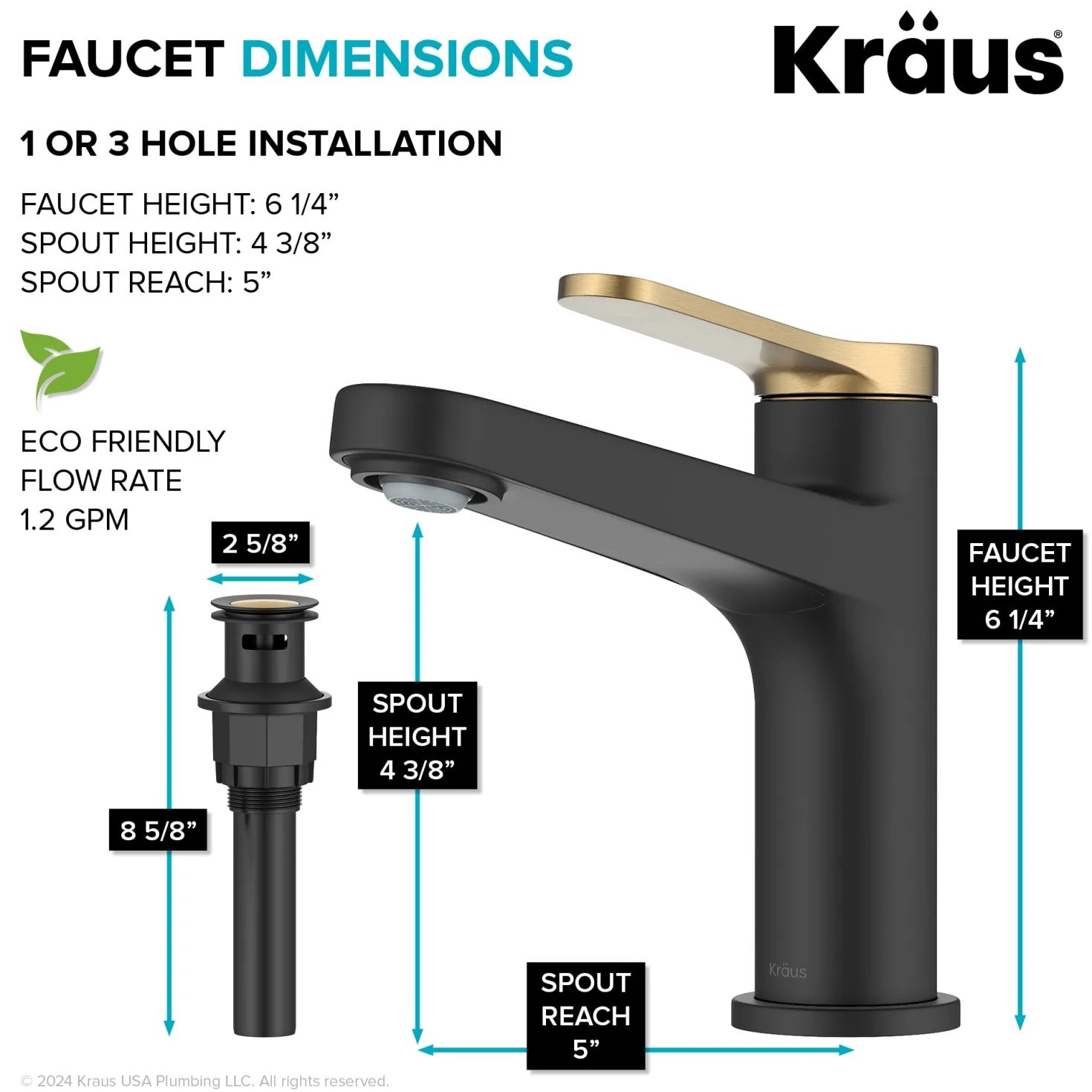 KRAUS Indy Single Handle Bathroom Faucet in Matte Black with Brushed Brass