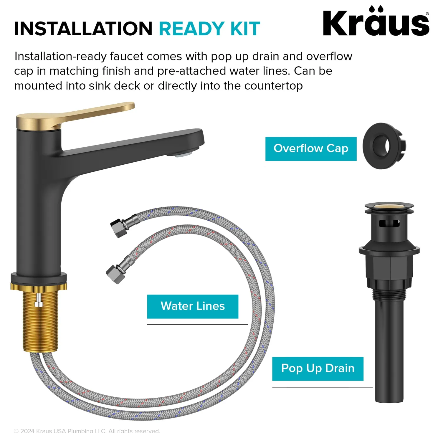KRAUS Indy Single Handle Bathroom Faucet in Matte Black with Brushed Brass