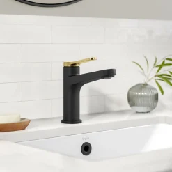 KRAUS Indy Single Handle Bathroom Faucet in Matte Black with Brushed Brass