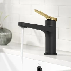 KRAUS Indy Single Handle Bathroom Faucet in Matte Black with Brushed Brass