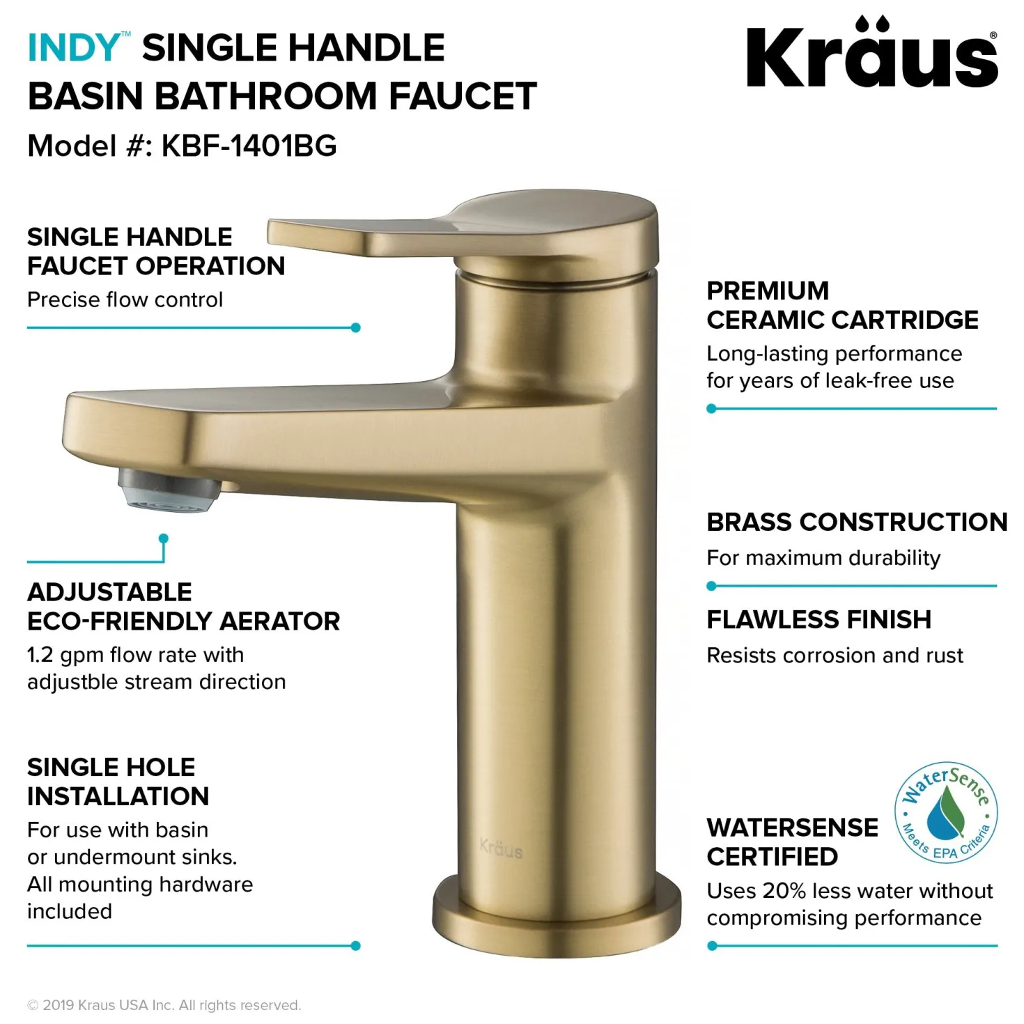 KRAUS Indy Single Handle 2-Pack Bathroom Faucet in Brushed Gold