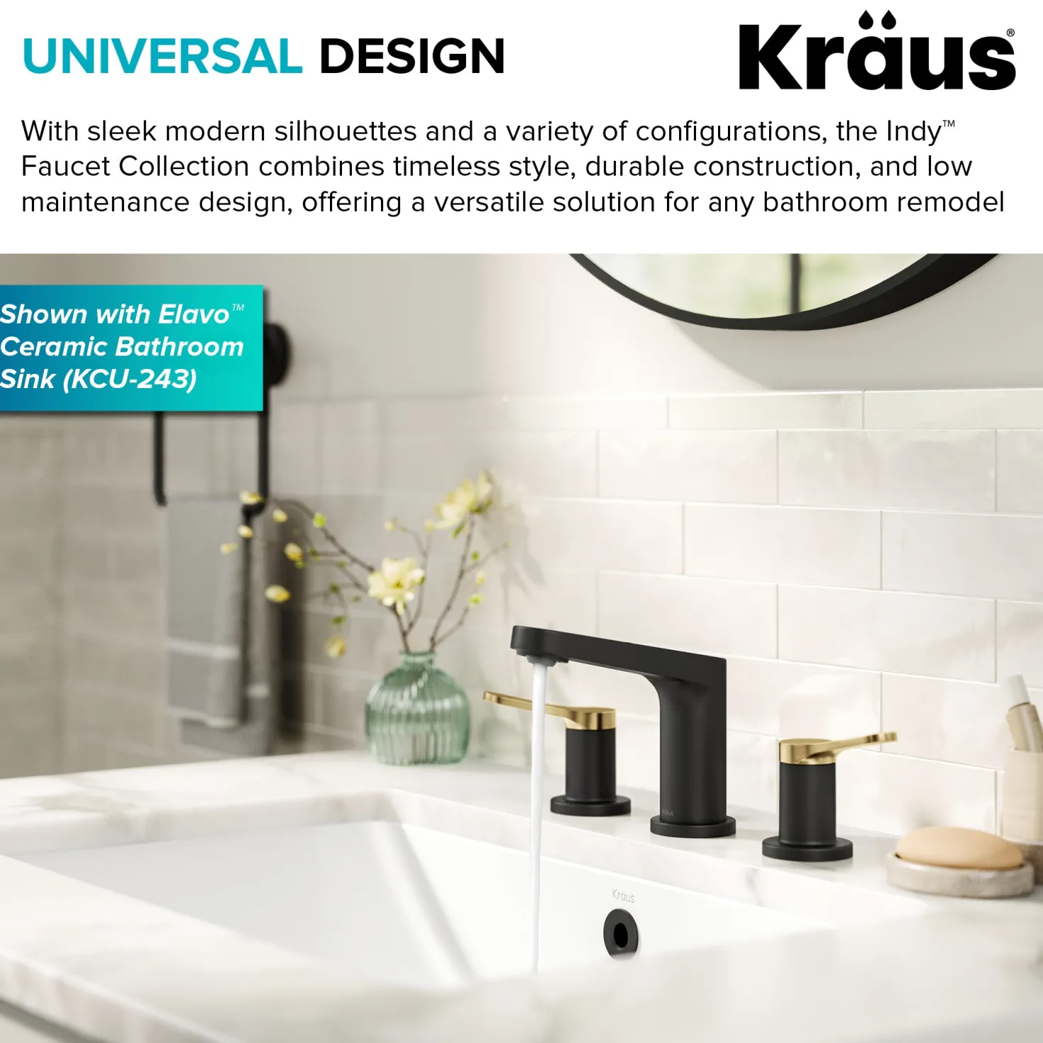 KRAUS Indy Widespread Bathroom Faucet in Matte Black with Brushed Brass