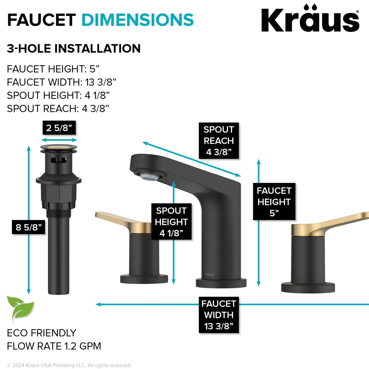 KRAUS Indy Widespread Bathroom Faucet in Matte Black with Brushed Brass