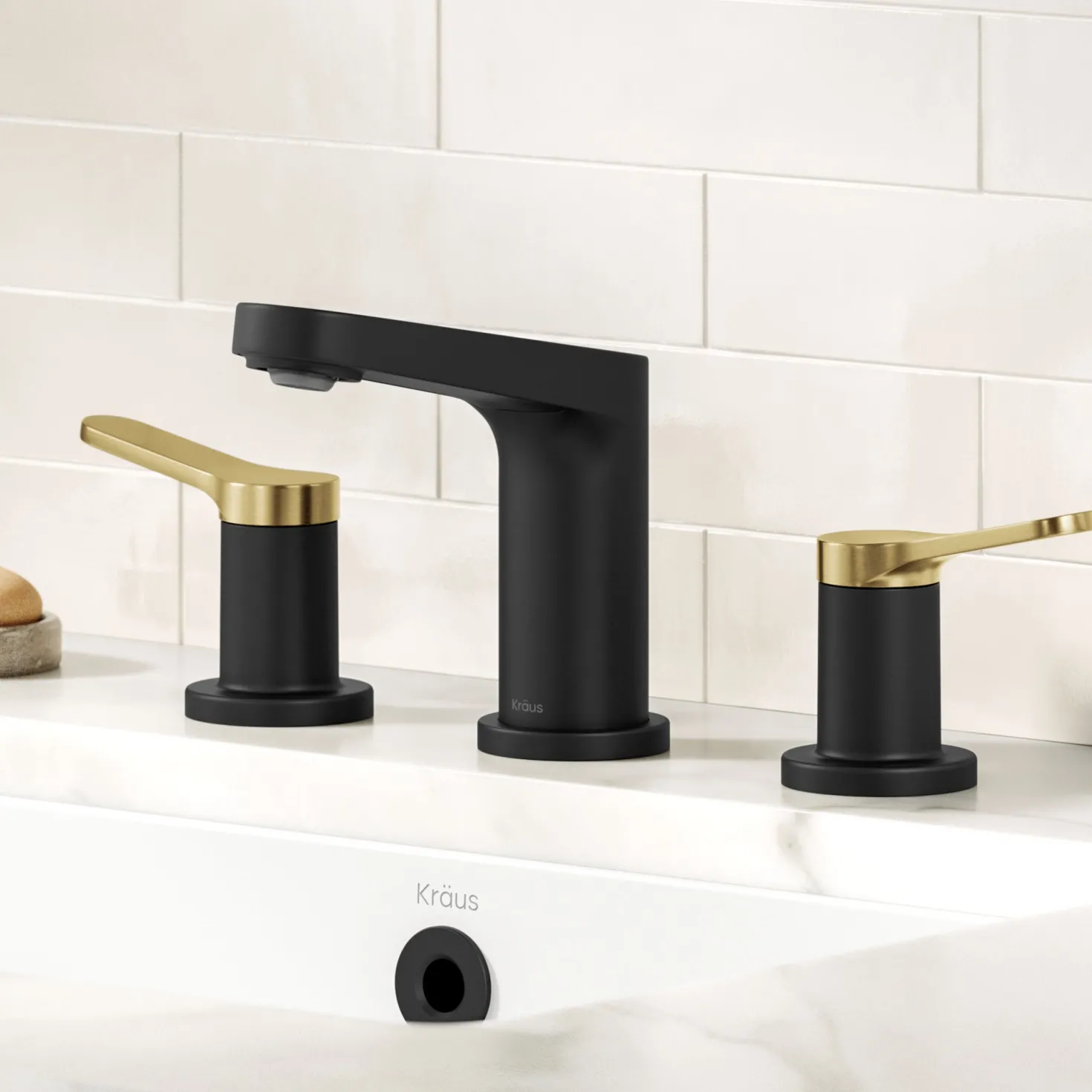 KRAUS Indy Widespread Bathroom Faucet in Matte Black with Brushed Brass