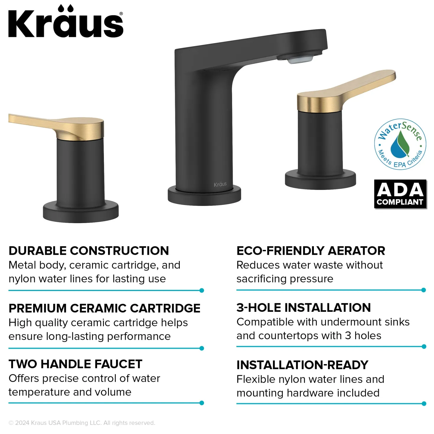 KRAUS Indy Widespread Bathroom Faucet in Matte Black with Brushed Brass