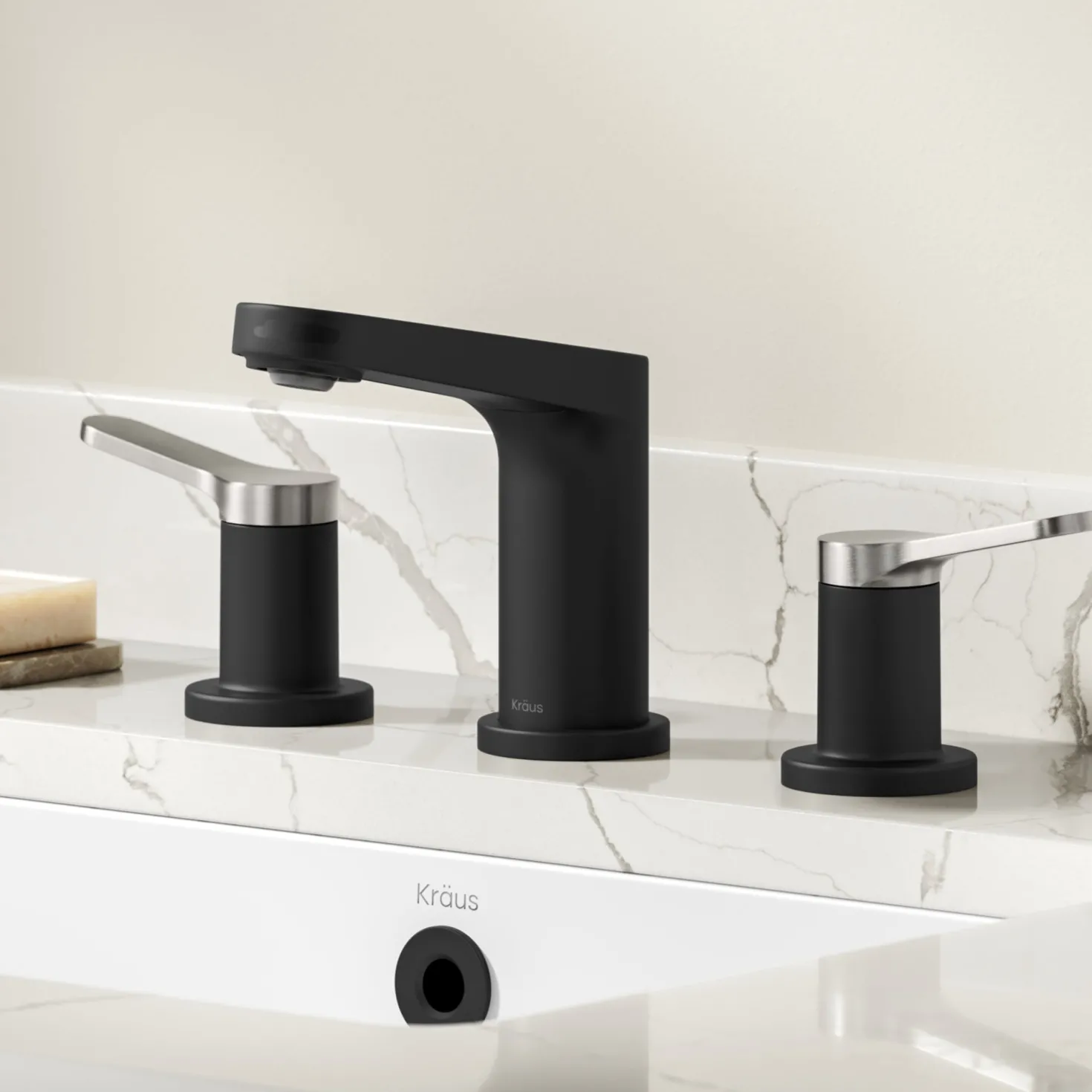 KRAUS Indy Widespread Bathroom Faucet in Matte Black with Brushed Nickel