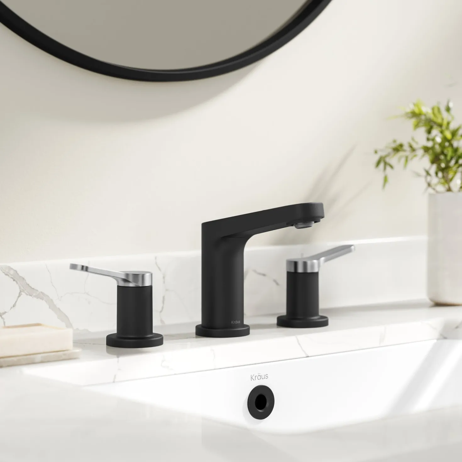 KRAUS Indy Widespread Bathroom Faucet in Matte Black with Brushed Nickel