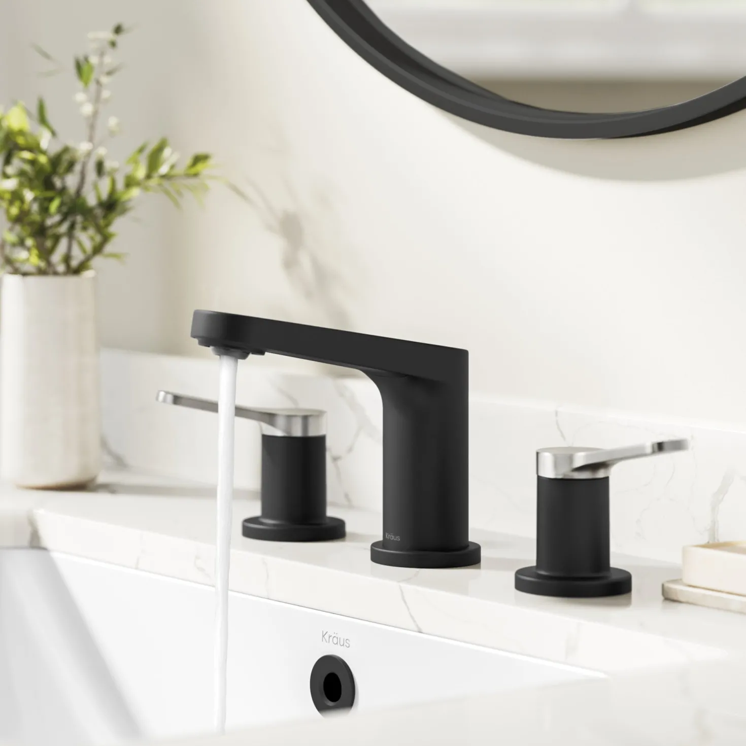 KRAUS Indy Widespread Bathroom Faucet in Matte Black with Brushed Nickel