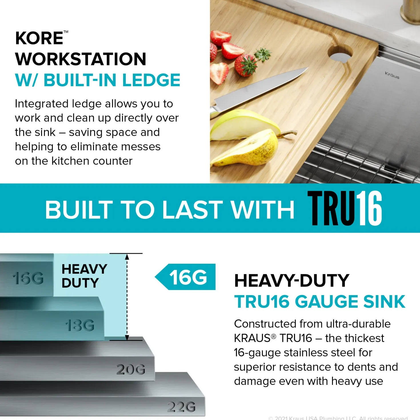 KRAUS Kore 27" Apron Front Workstation 16 Gauge Stainless Steel Kitchen Sink