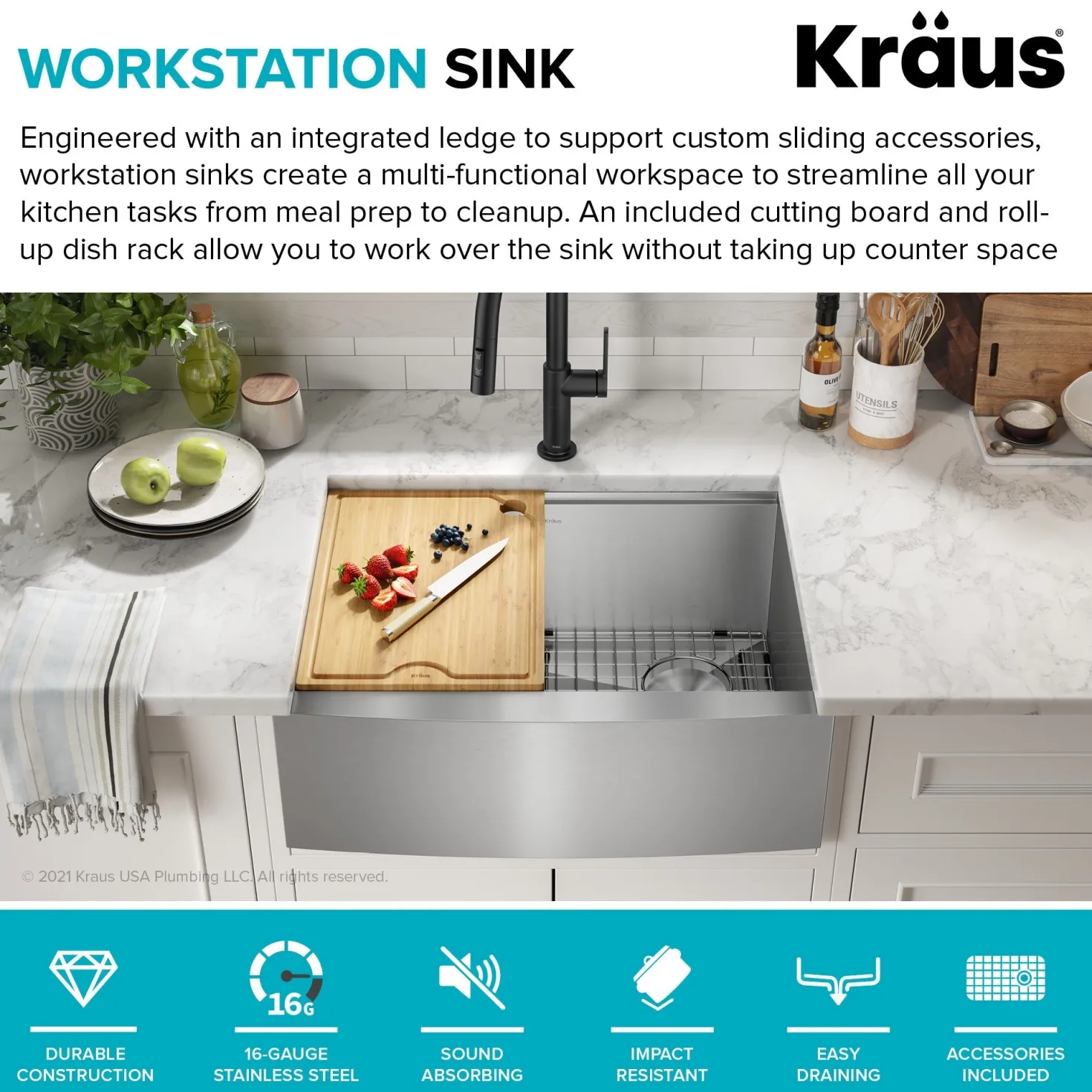 KRAUS Kore 27" Apron Front Workstation 16 Gauge Stainless Steel Kitchen Sink