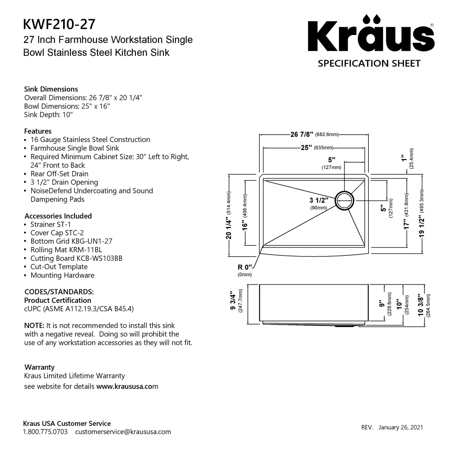 KRAUS Kore 27" Apron Front Workstation 16 Gauge Stainless Steel Kitchen Sink