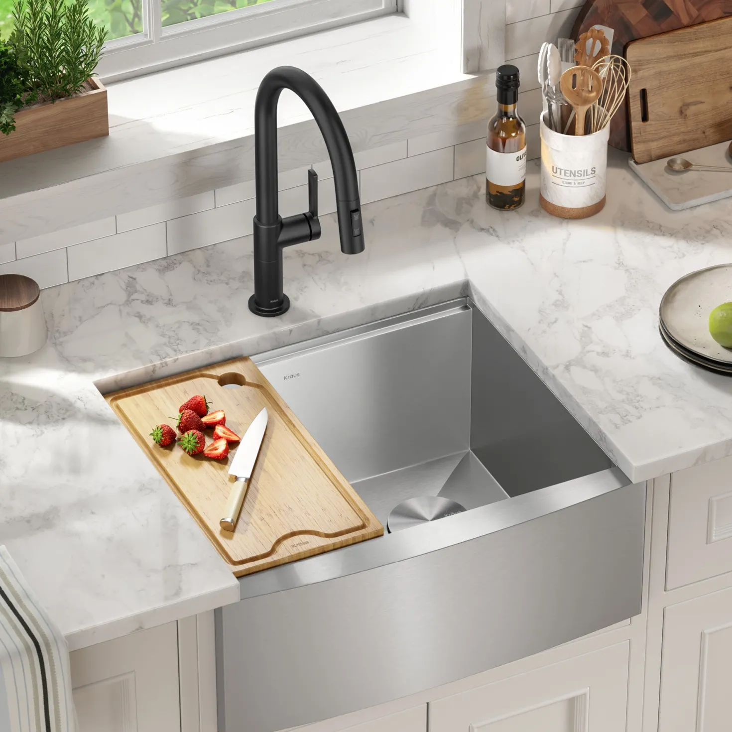 KRAUS Kore 24" Apron Front Workstation 16 Gauge Stainless Steel Single Bowl Kitchen Sink with Accessories