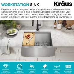 KRAUS Kore 24" Apron Front Workstation 16 Gauge Stainless Steel Single Bowl Kitchen Sink with Accessories