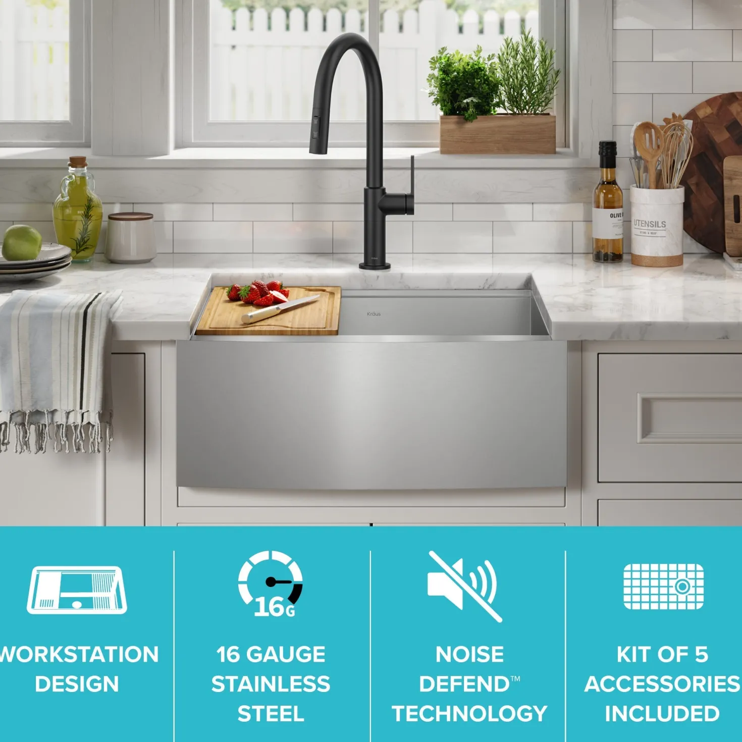 KRAUS Kore 24" Apron Front Workstation 16 Gauge Stainless Steel Single Bowl Kitchen Sink with Accessories
