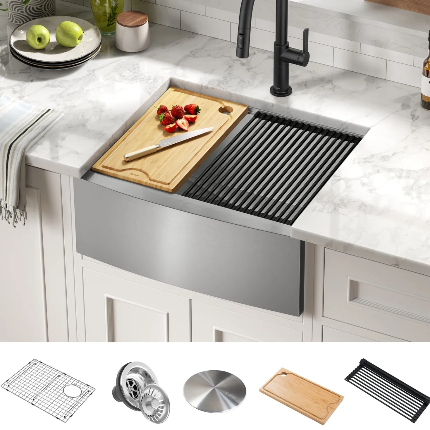 KRAUS Kore 24" Apron Front Workstation 16 Gauge Stainless Steel Single Bowl Kitchen Sink with Accessories