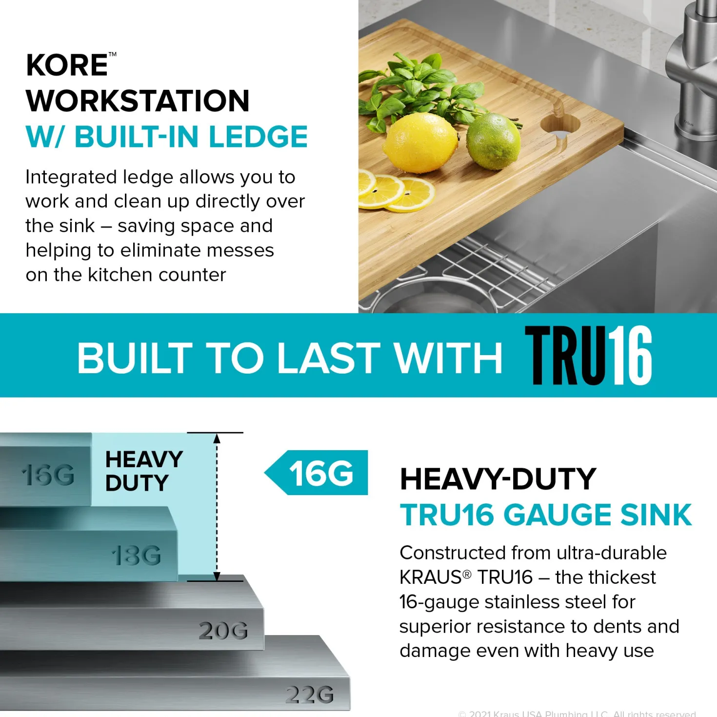 KRAUS Kore 30" Double Bowl Drop-In Workstation 16 Gauge Stainless Steel Kitchen Sink with Accessories