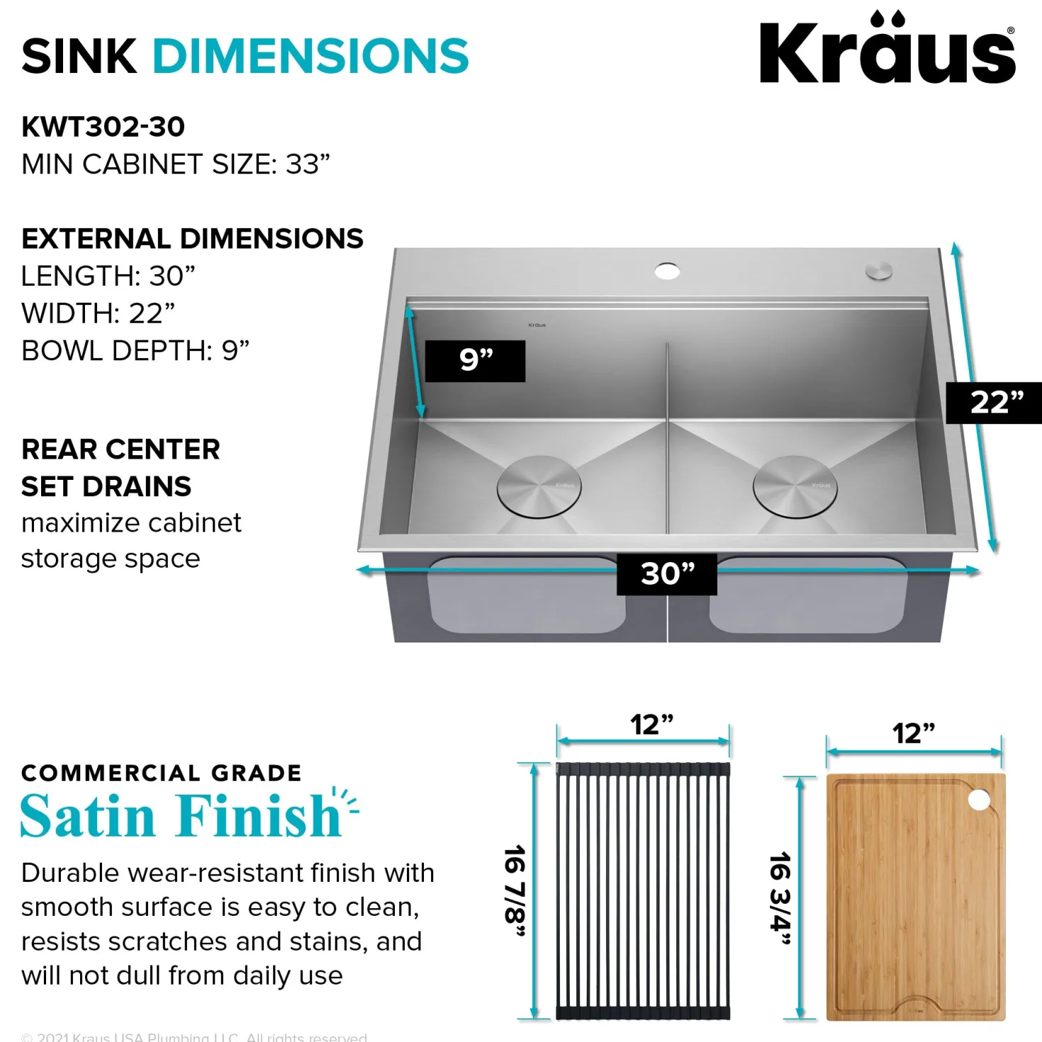 KRAUS Kore 30" Double Bowl Drop-In Workstation 16 Gauge Stainless Steel Kitchen Sink with Accessories