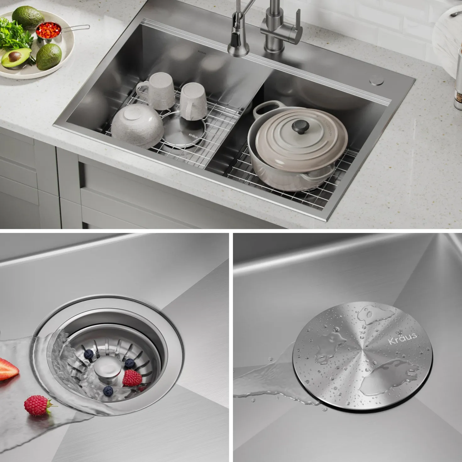 KRAUS Kore 30" Double Bowl Drop-In Workstation 16 Gauge Stainless Steel Kitchen Sink with Accessories