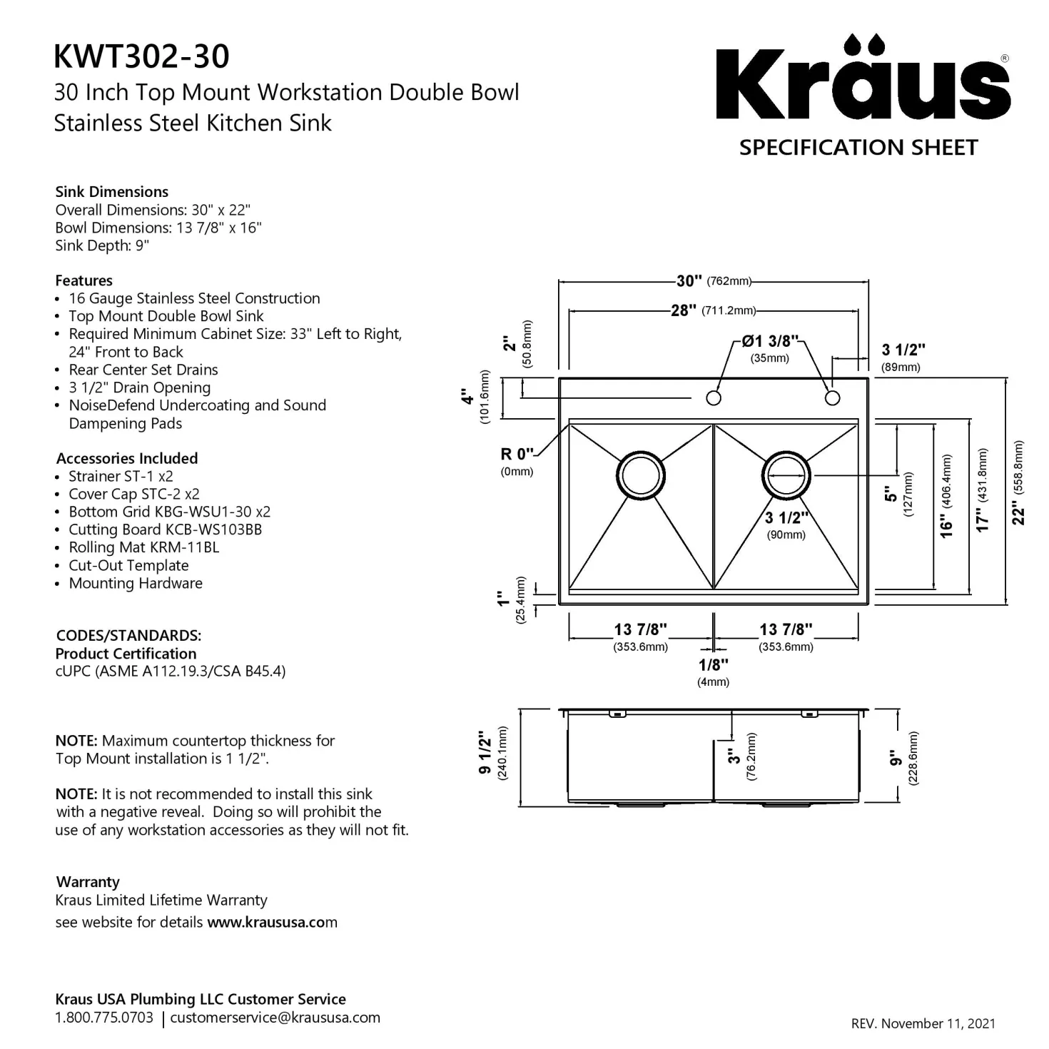 KRAUS Kore 30" Double Bowl Drop-In Workstation 16 Gauge Stainless Steel Kitchen Sink with Accessories