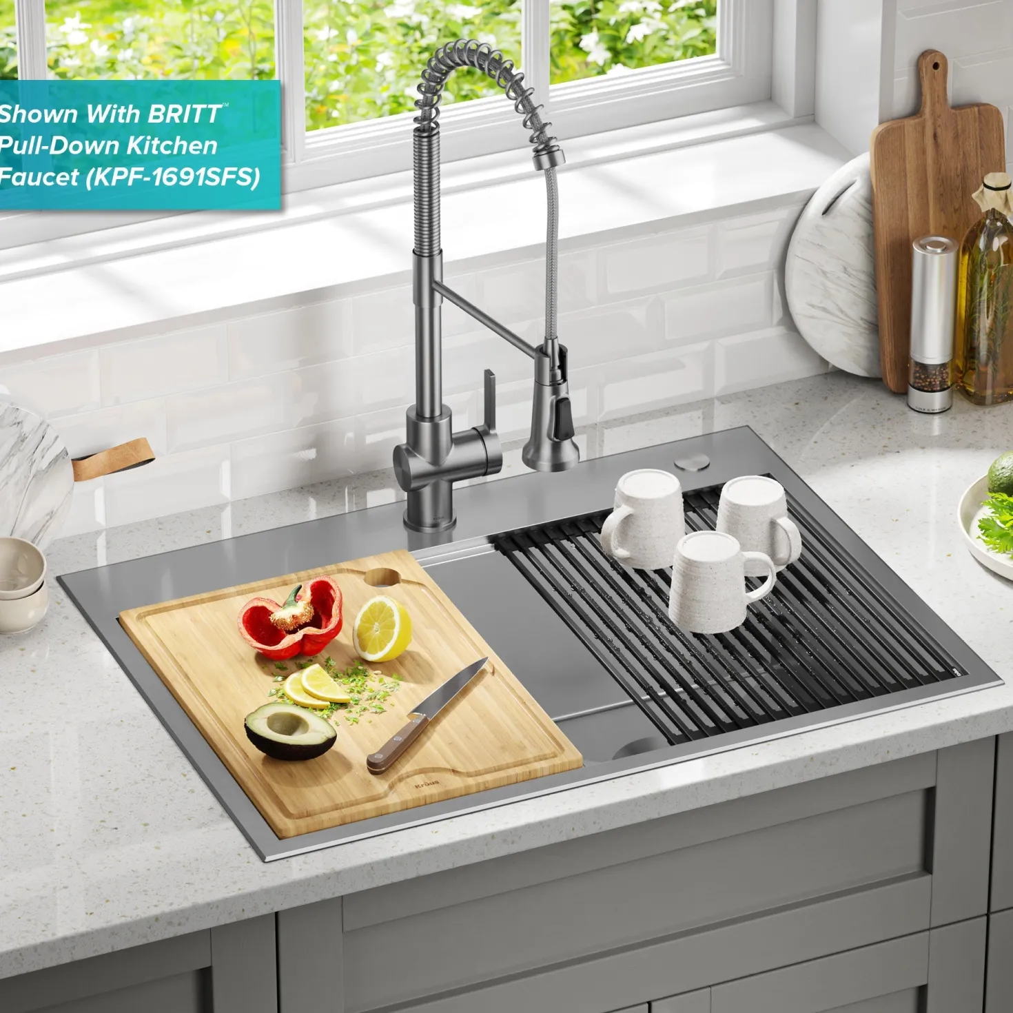 KRAUS Kore 30" Double Bowl Drop-In Workstation 16 Gauge Stainless Steel Kitchen Sink with Accessories
