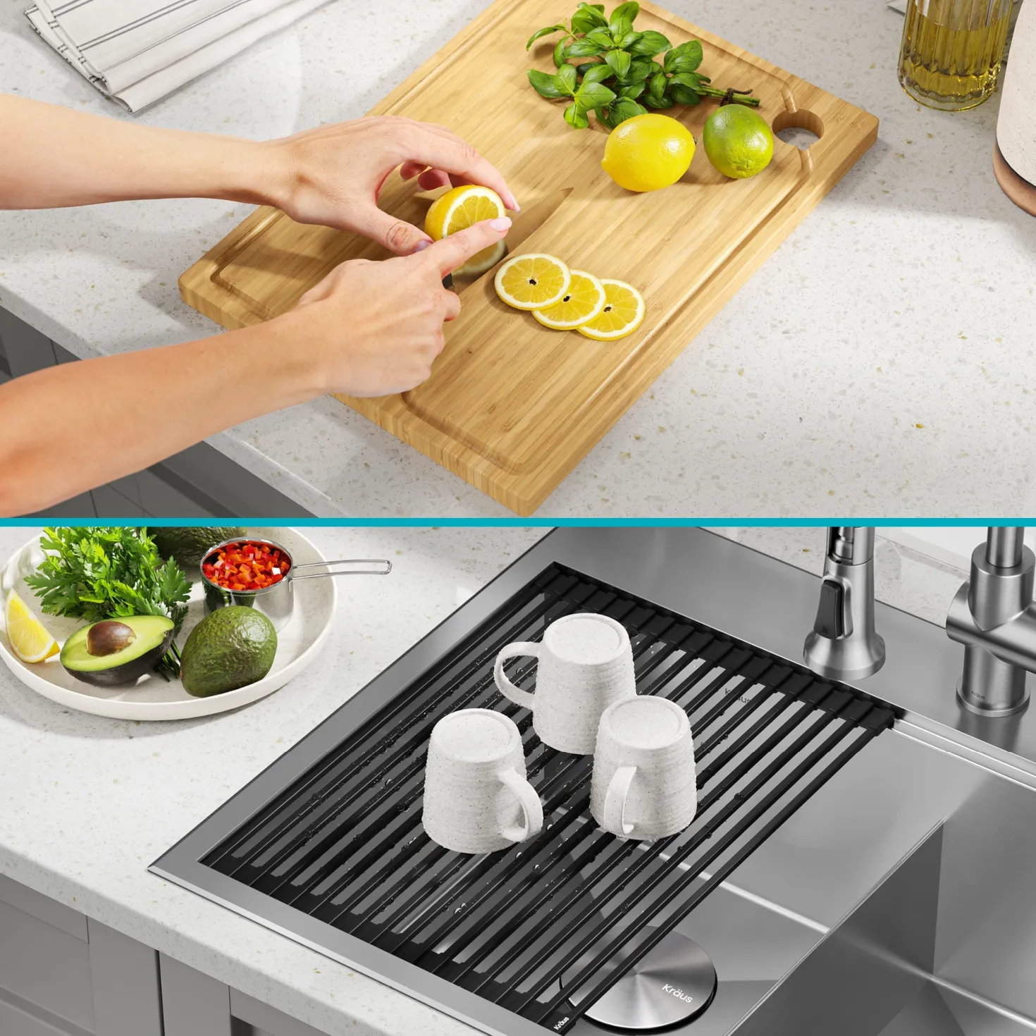 KRAUS Kore 30" Double Bowl Drop-In Workstation 16 Gauge Stainless Steel Kitchen Sink with Accessories