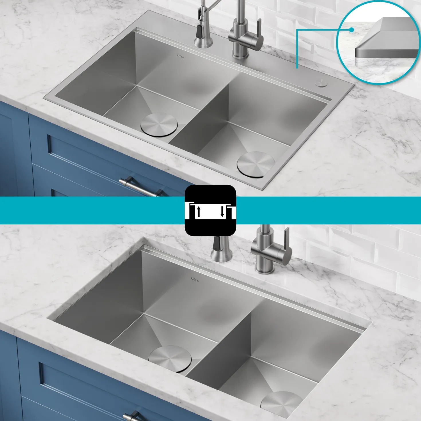 KRAUS Kore 30" Double Bowl Drop-In Workstation 16 Gauge Stainless Steel Kitchen Sink with Accessories
