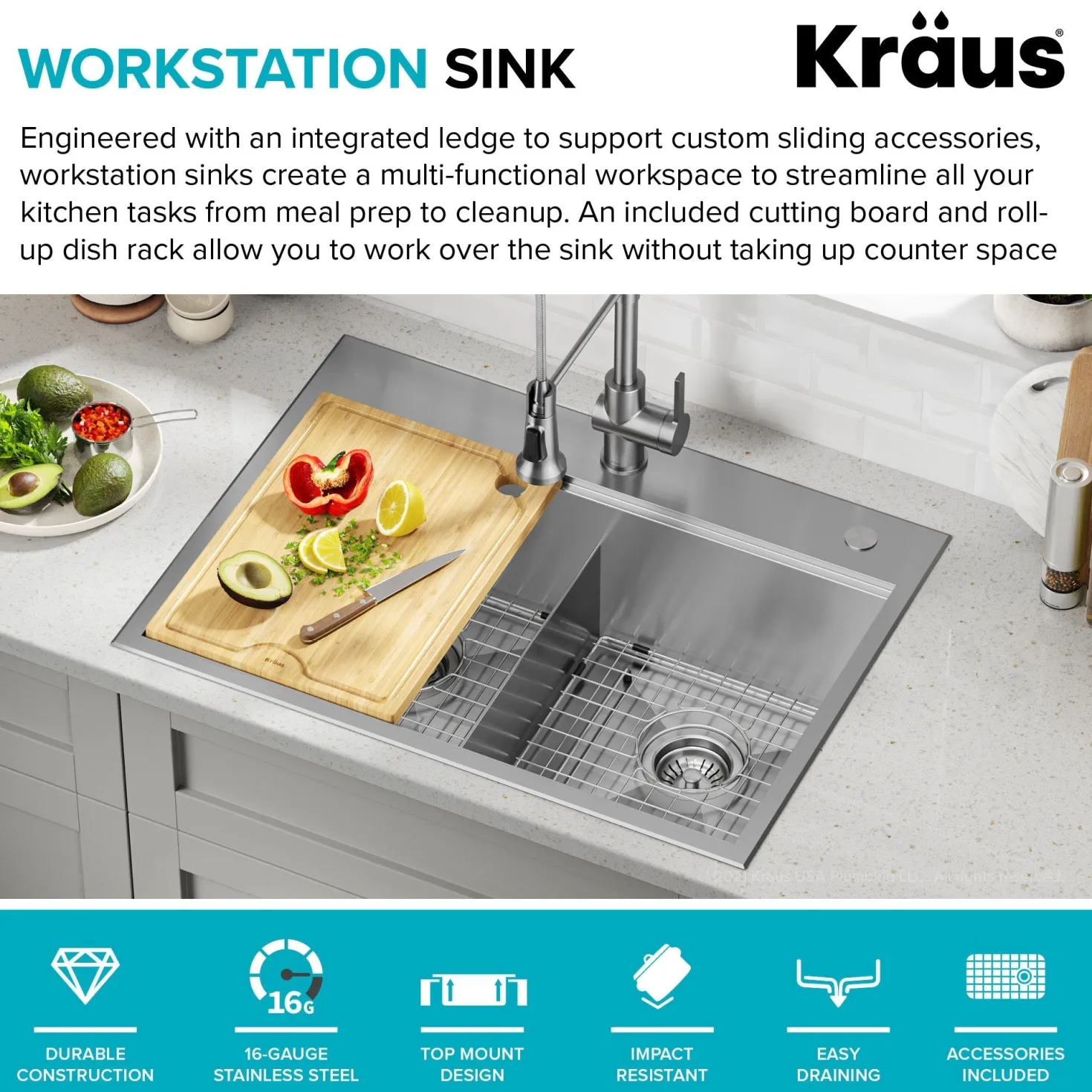 KRAUS Kore 30" Double Bowl Drop-In Workstation 16 Gauge Stainless Steel Kitchen Sink with Accessories