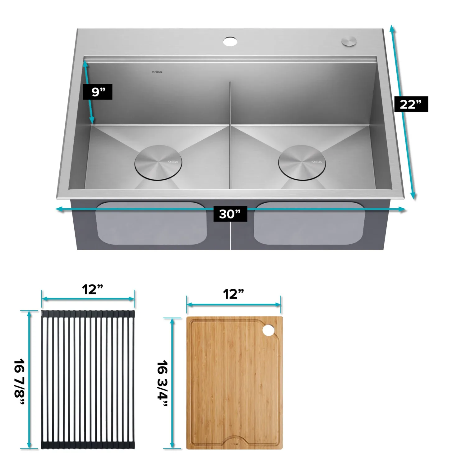 KRAUS Kore 30" Double Bowl Drop-In Workstation 16 Gauge Stainless Steel Kitchen Sink with Accessories