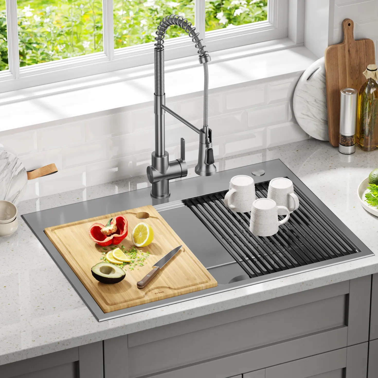 KRAUS Kore 30" Double Bowl Drop-In Workstation 16 Gauge Stainless Steel Kitchen Sink with Accessories