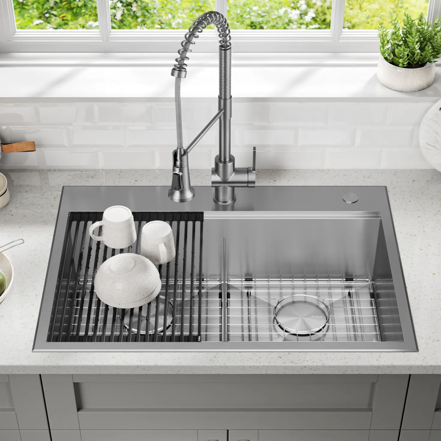KRAUS Kore 30" Double Bowl Drop-In Workstation 16 Gauge Stainless Steel Kitchen Sink with Accessories